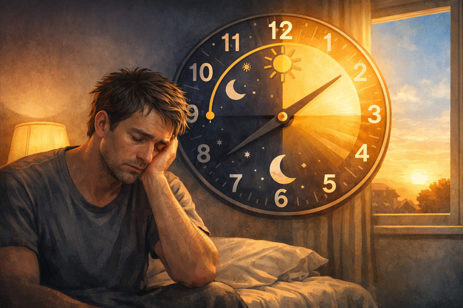 Tired person in soft morning light representing circadian rhythm misalignment and low energy levels