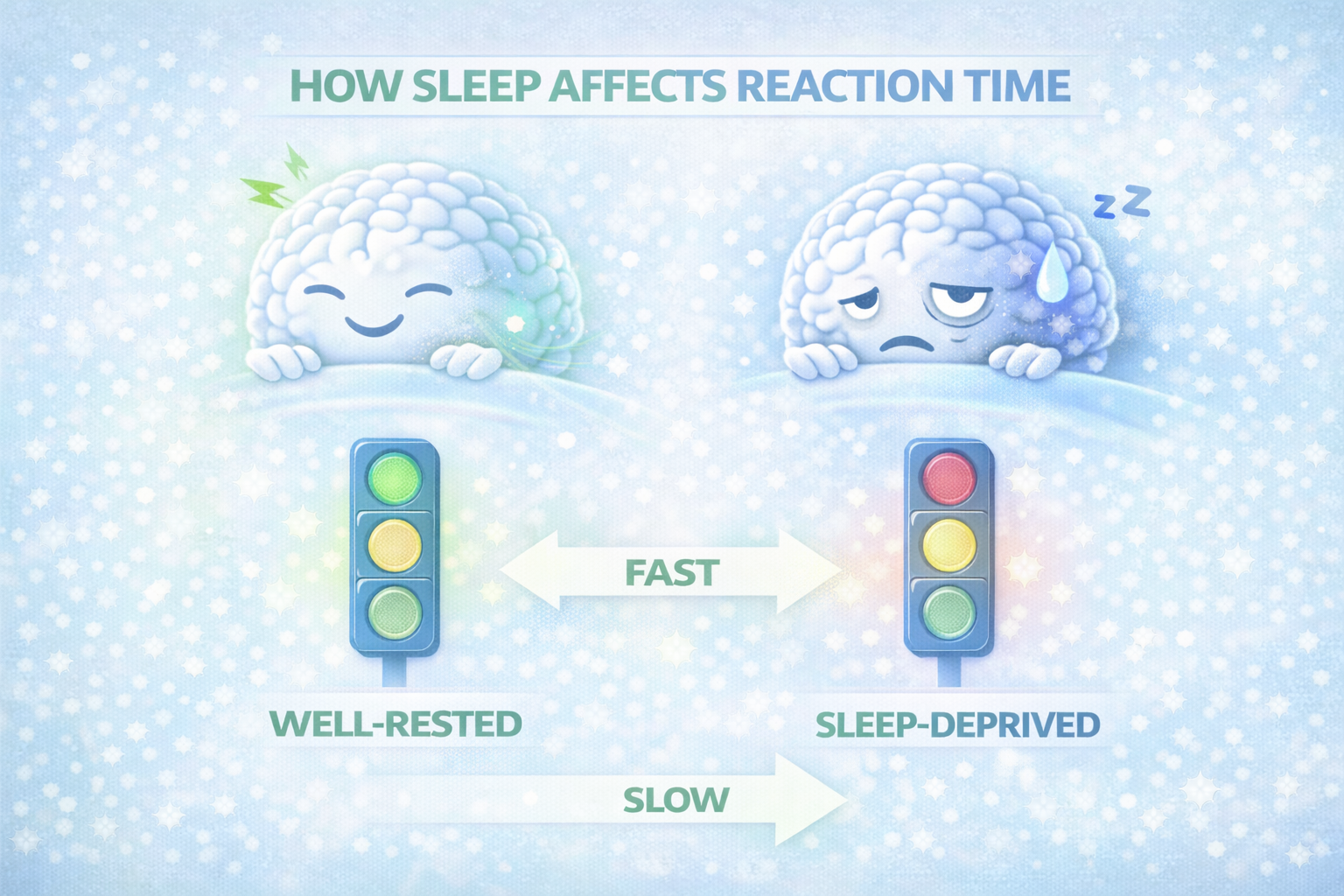 Illustration showing how sleep affects reaction time, comparing a well-rested brain with fast responses to a sleep-deprived brain with delayed reactions and reduced alertness