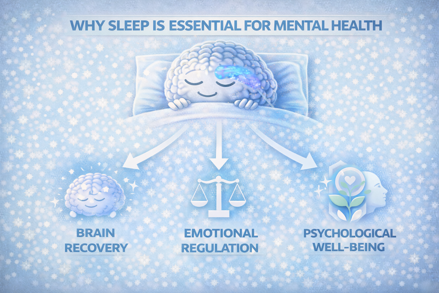 Illustration showing why sleep is essential for mental health, highlighting how quality sleep supports brain recovery, emotional regulation, stress reduction, and long-term psychological well-being