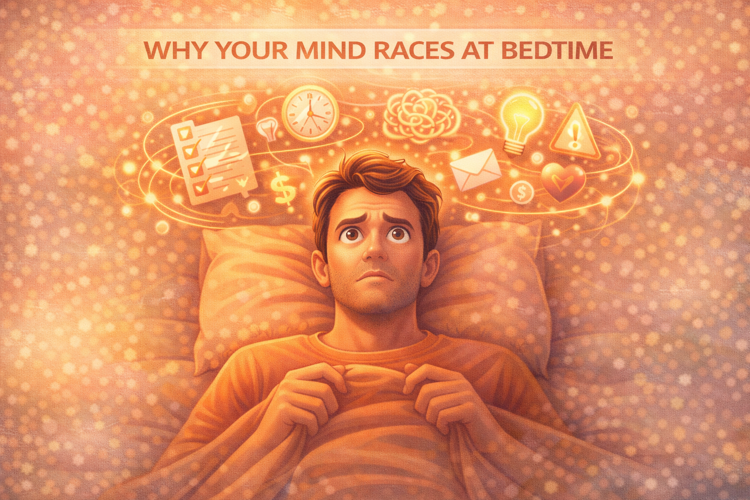 Illustration showing why your mind races at bedtime, with a person lying awake while thoughts, worries, and ideas swirl around the head, highlighting cognitive hyperarousal and difficulty transitioning into sleep